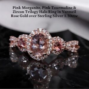 Pink Morganite, Pink Tourmaline & Zircon Trilogy Halo Ring w/ Rose Gold  over SS